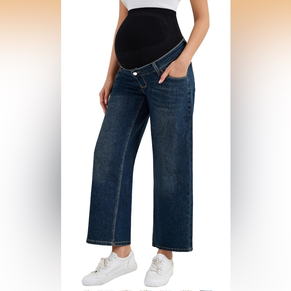 Ecavus Women's Maternity Jeans Over Belly Wide Leg Comfy Stretch Size XL
